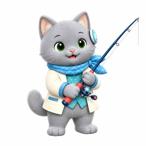 青いスカーフを巻き、釣り竿を持つなみねこ先生